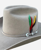 Close up of metallic detailed band and feather on 6X felt hat LBORA
