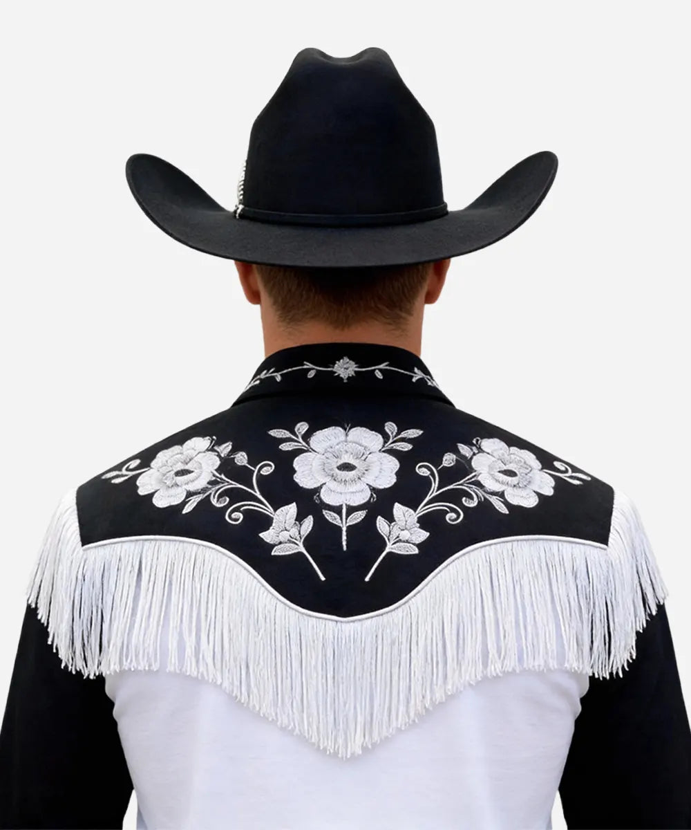 Back view of a male model showing the wide brim Magnate black hat