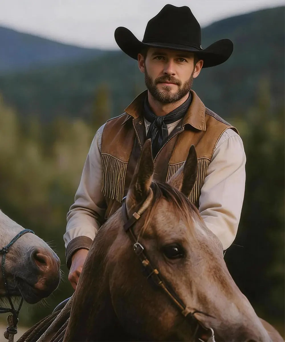 Black Magnate hat worn by a male model horseback riding UK