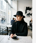 Cinematic wide brim hat styled with black turtleneck for modern mid-century noir