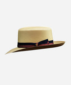 Close up of unique multi-tonal hat band on Optimo Panama hat