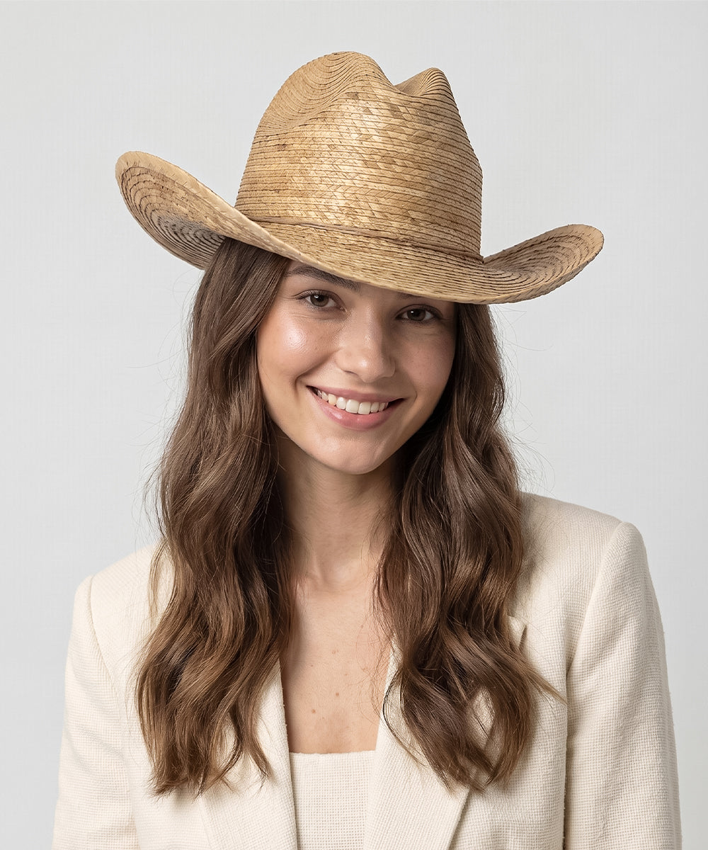 Contemporary western style clothing trend featuring a rich chocolate brown cowboy hat