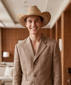 Men's country weekend apparel styling highlighted by a matte brown straw western hat