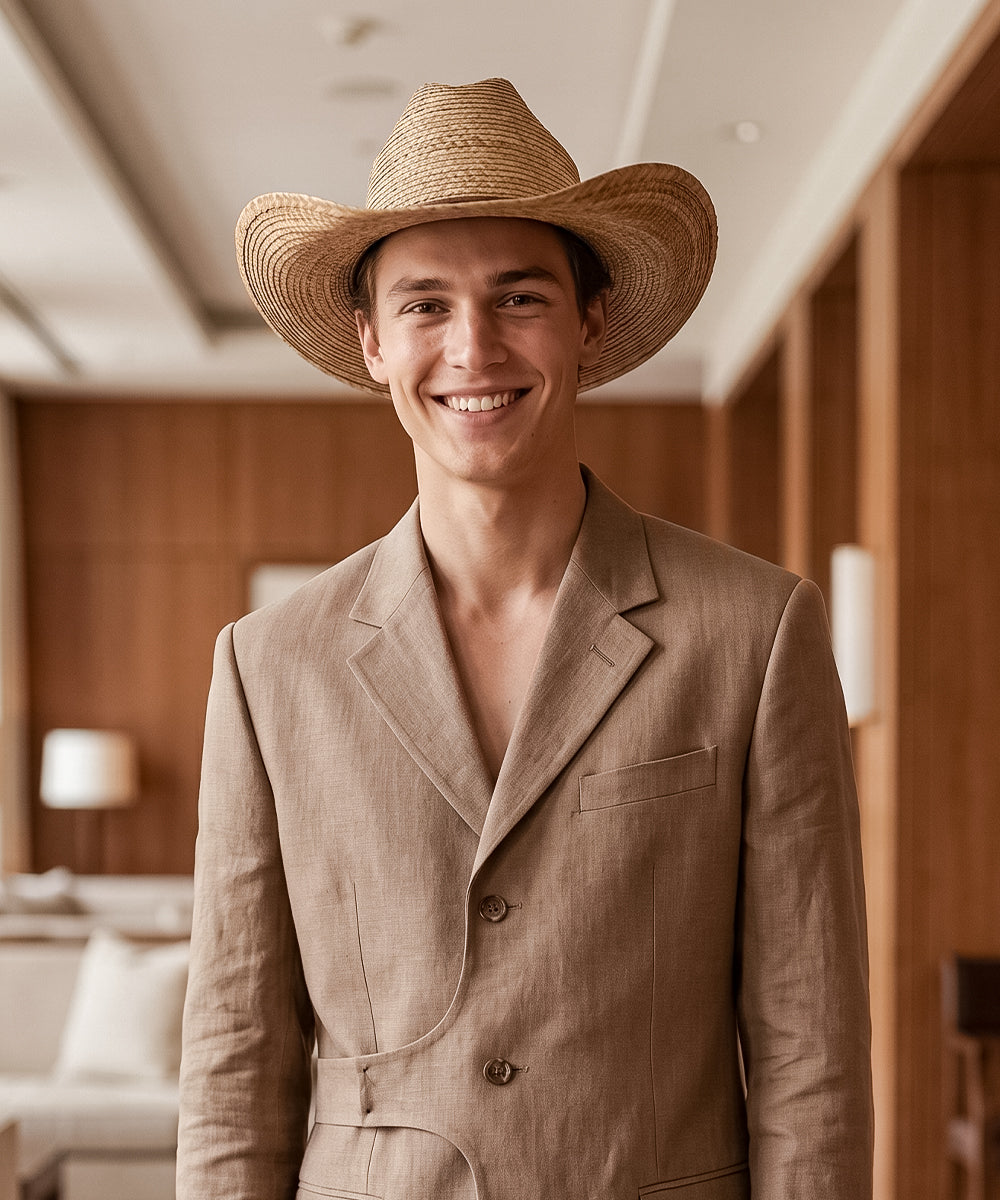 Men's country weekend apparel styling highlighted by a matte brown straw western hat