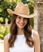 Modern bohemian holiday clothing style lookbook paired with a brown melange wide hat