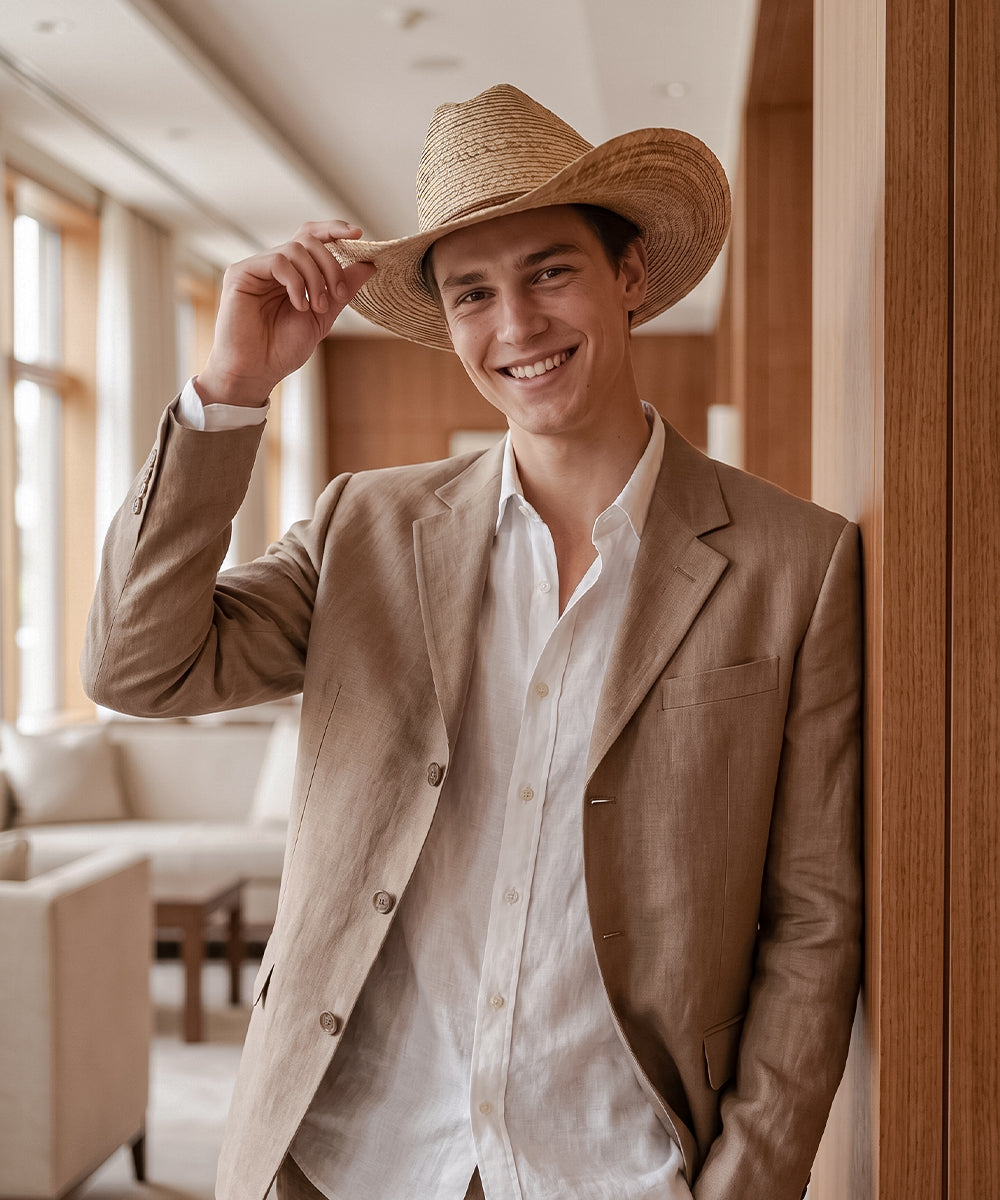 Rugged heritage outfit inspiration pairing a dark brown high crown straw cowboy hat