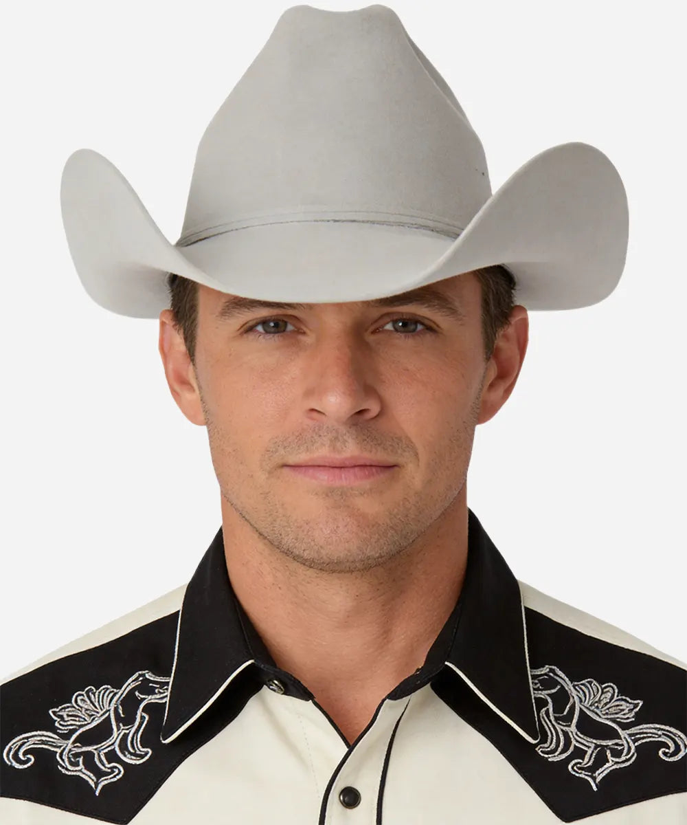 Silver Mens country music style felt hat with 3 1/2 inch bound edge brim