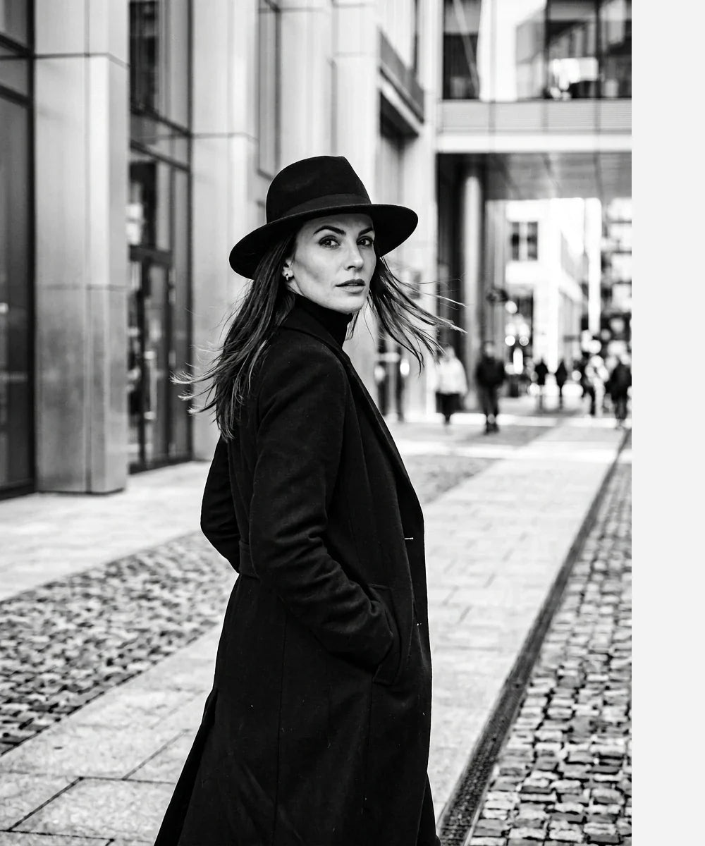 Female model wearing Legacy felt fedora for a sharp noir inspired look LBORA