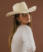 Female model wearing Radiance palm hat for modern ranch look LBORA