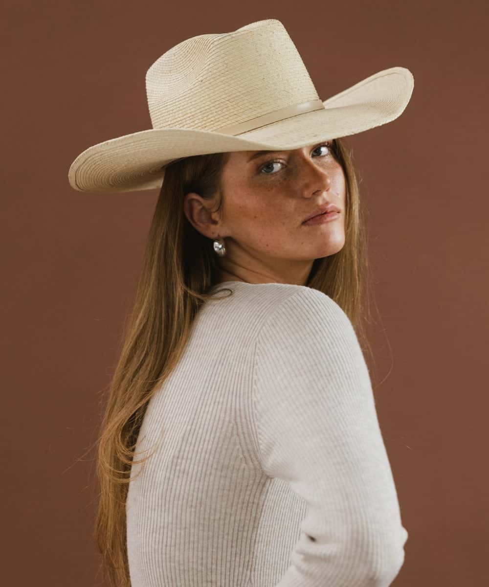 Female model wearing Radiance palm hat for modern ranch look LBORA