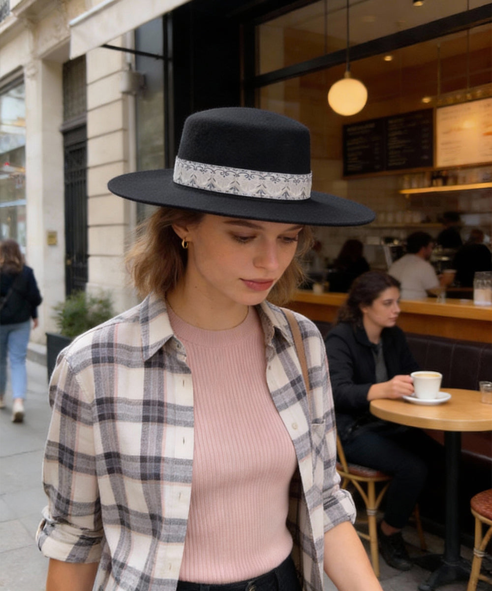 Girl's Black Flat Crown Wide Brim Felt Hat