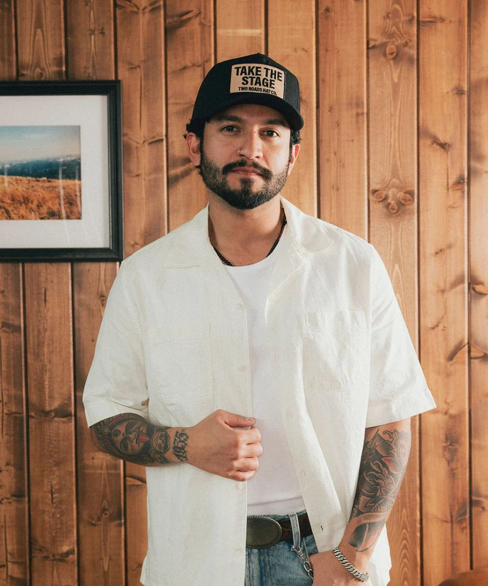 Headliner canvas trucker hat with contrast ivory graphic text street style UK