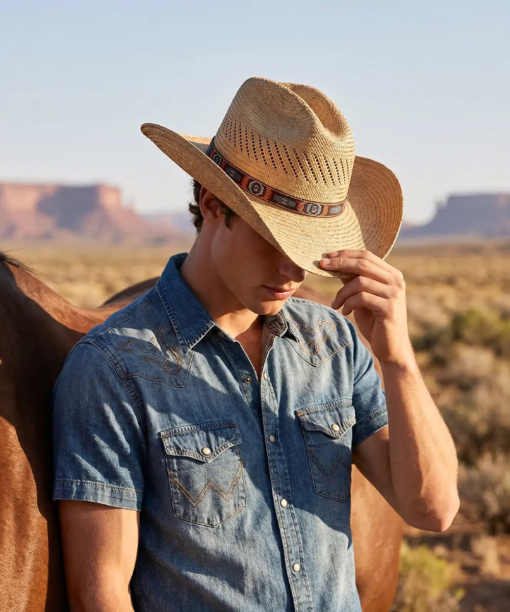 Cinematic cowboy hat inspired by classic frontier films and Yellowstone style