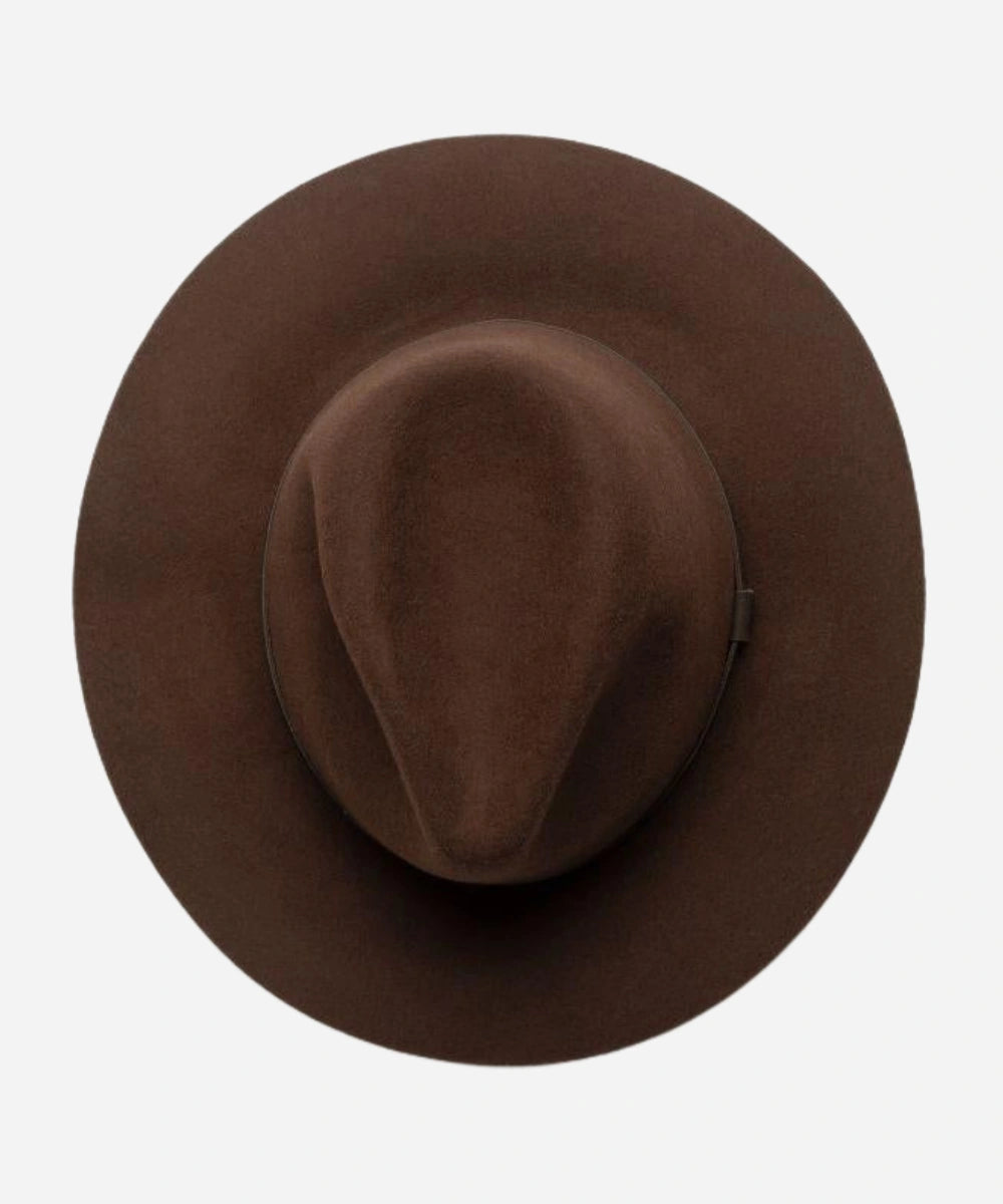 Independent design Indy brown felt travel hat featuring a tailored crown and a classic vintage ribbon LBORA