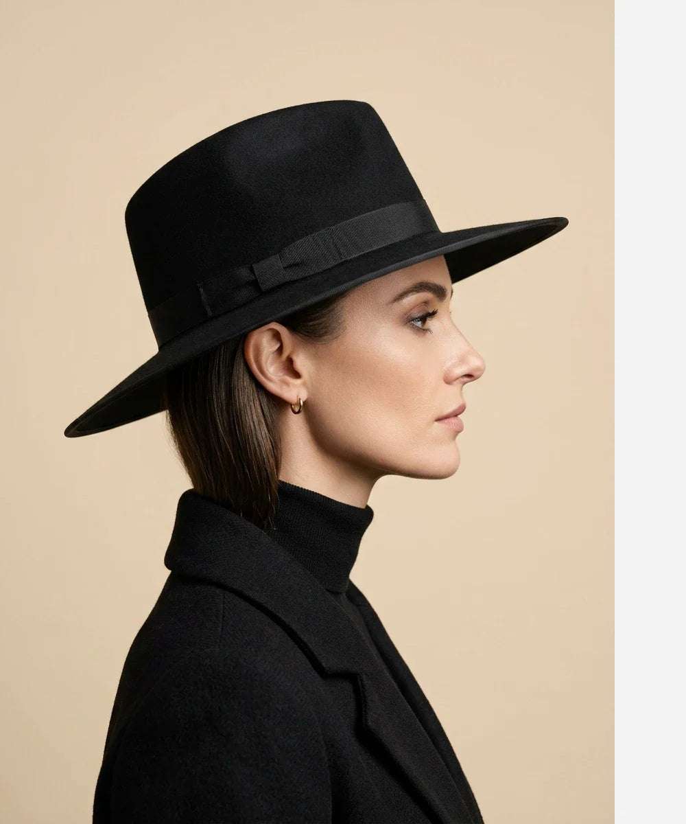 Black Legacy fedora with defined crown, as seen on female model styling