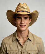 Male model in khaki utility shirt wearing palm leaf cowboy hat