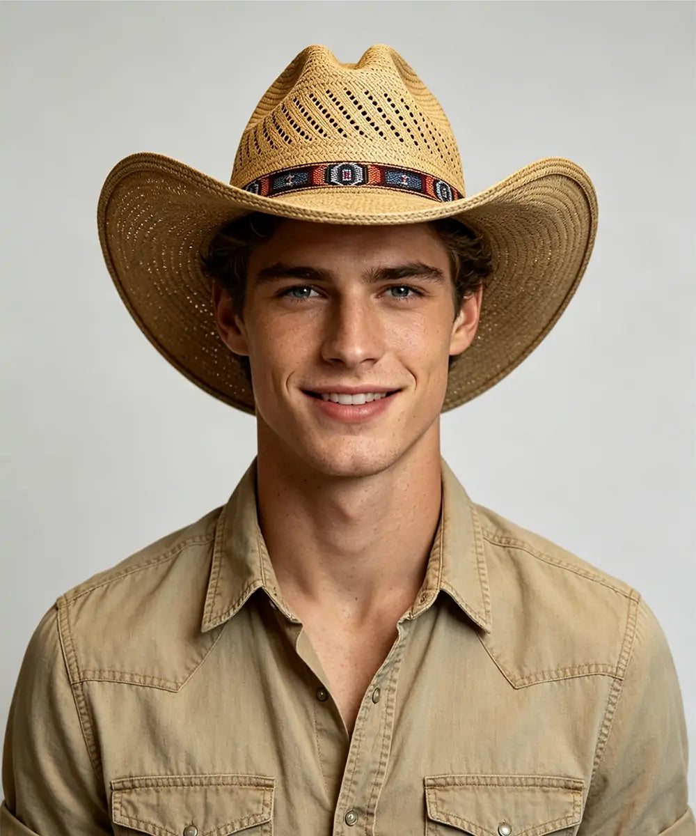 Male model in khaki utility shirt wearing palm leaf cowboy hat