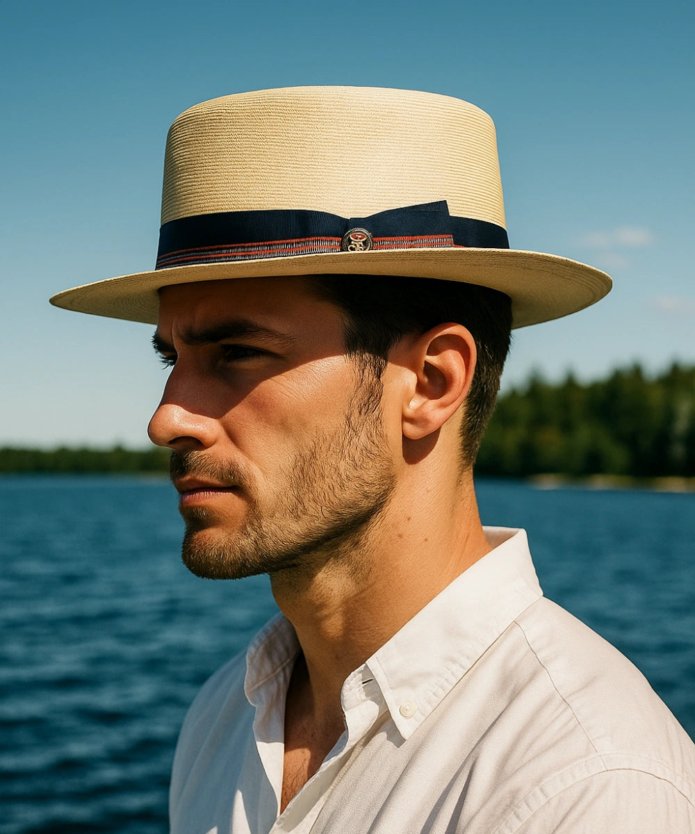 Mens jazz era inspired straw hat with decorative vintage band