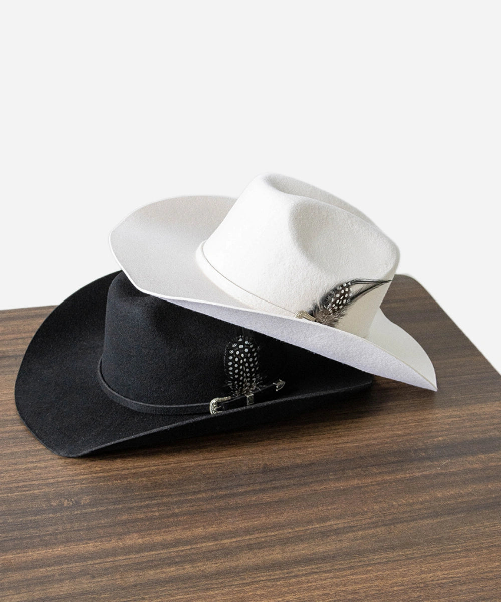 Premium Frontier black wool felt western hat showing its durable wide brim line and slim leather band