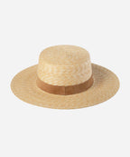 Premium Gentry raffia straw boater hat in natural hue with a flat crown and wide ribbon band LBORA