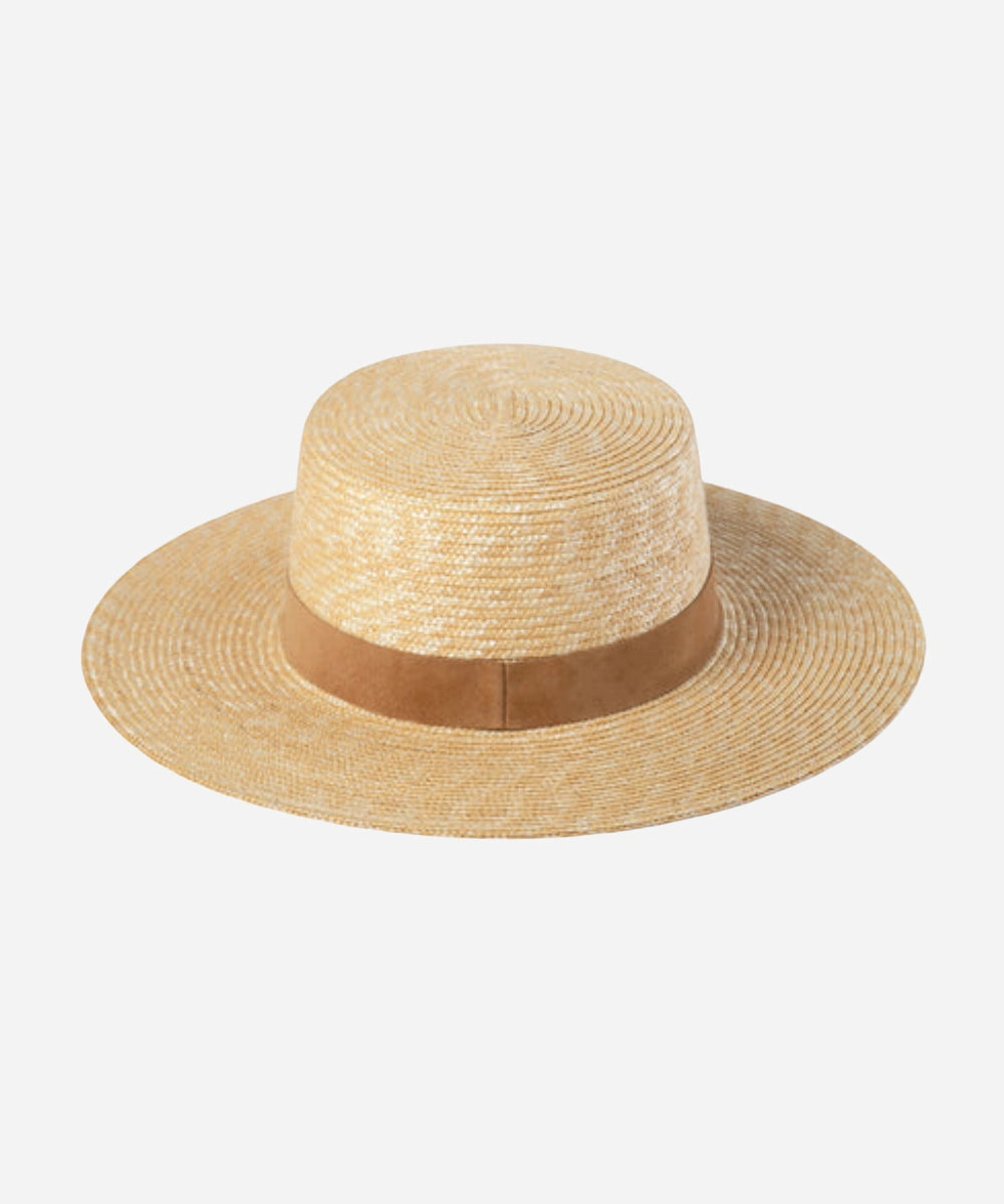 Premium Gentry raffia straw boater hat in natural hue with a flat crown and wide ribbon band LBORA