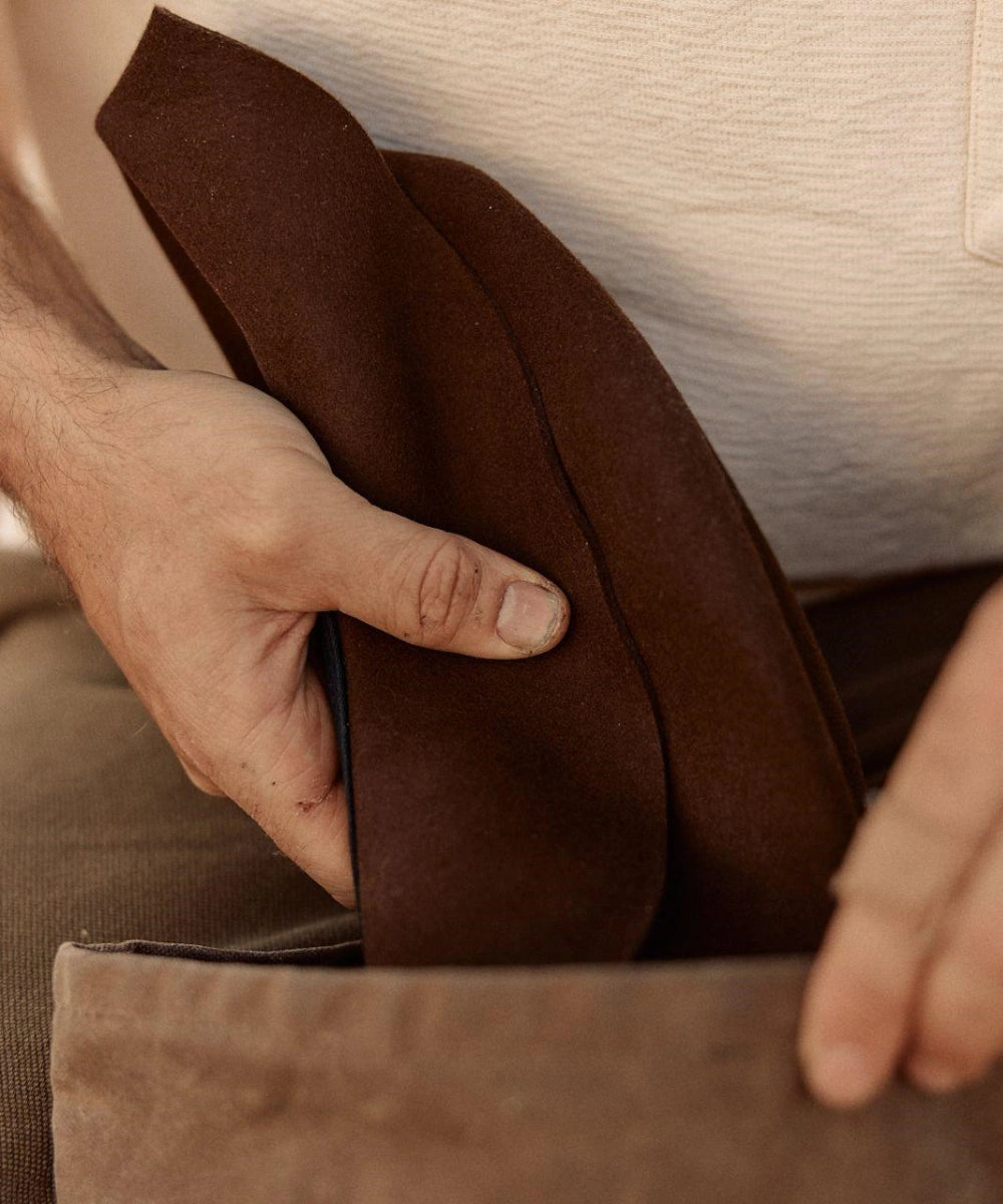 Premium Indy packable fedora hat in classic brown felt showing its flexible, travel-friendly structure LBORA