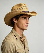 Premium straw cowboy hat with high sloped crown and beaded band LBORA