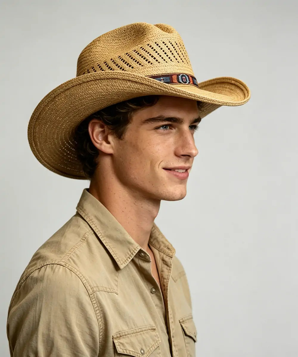 Premium straw cowboy hat with high sloped crown and beaded band LBORA