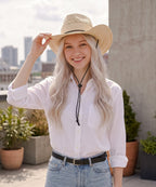 Bohemian summer aesthetic festival clothing item showing a natural ivory woven hat
