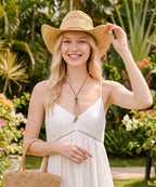 Bohemian summer style festival outfit showcasing a textured oatmeal woven sun hat
