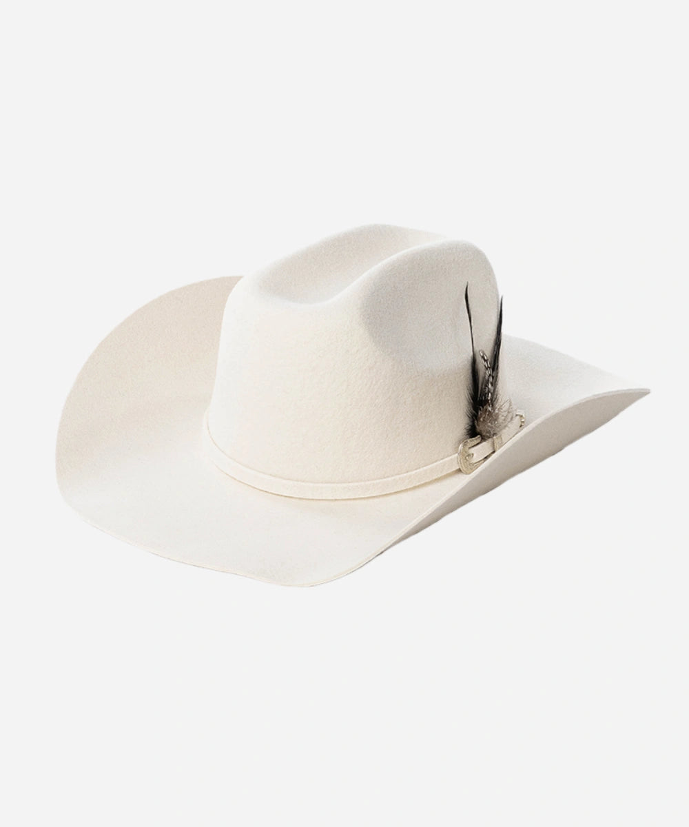 White Structured Frontier white felt cowboy hat featuring a traditional cattleman crown and elegant accent feather detail LBORA