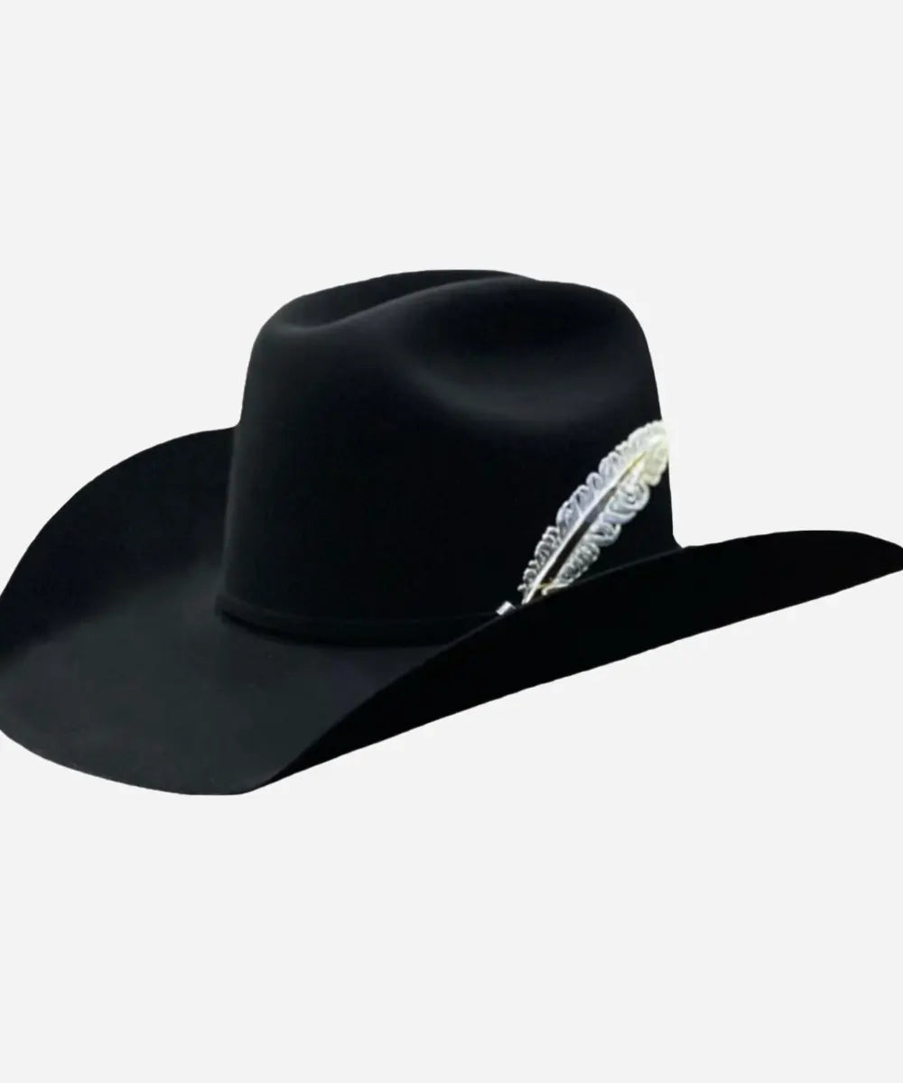 Studio image of the premium Magnate black fur felt sun hat featuring custom feather hardware on a clean white background