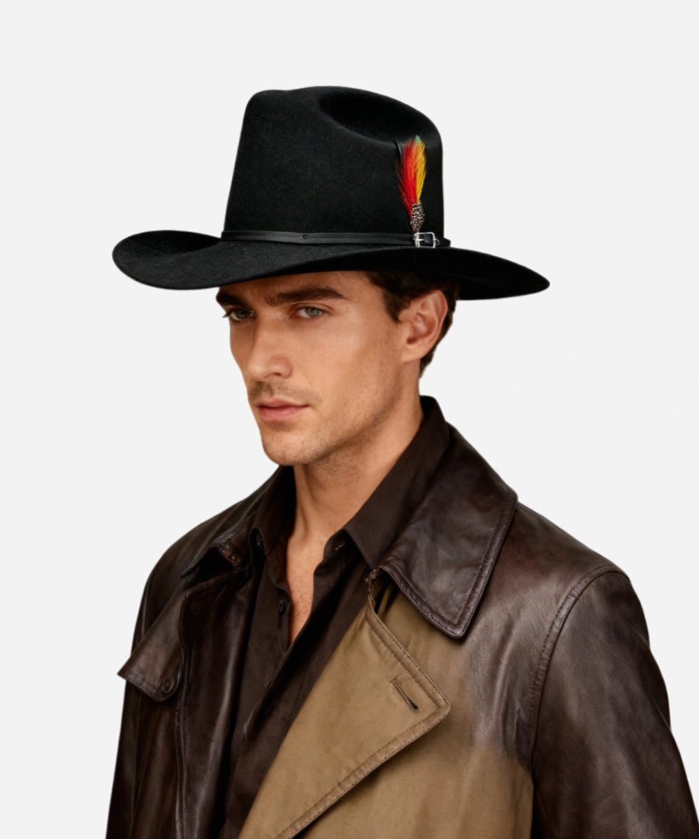 Male model wearing Viper dark neo-western cowboy hat in premium black felt with a leather jacket LBORA