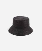  High-quality textured Solstice black crushable bucket hat inspired by retro 1970s seaside holiday dressing